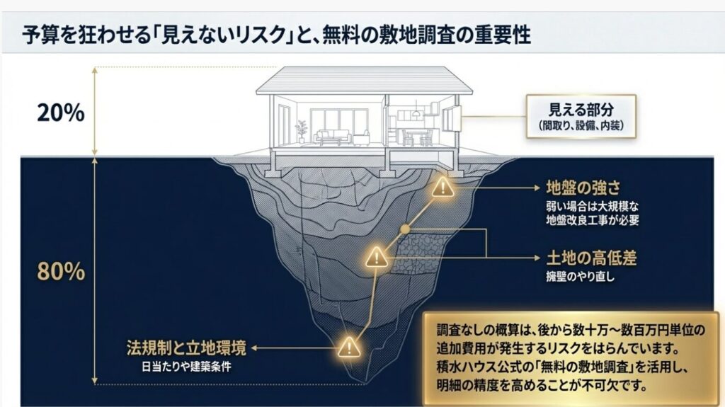 画像タイトル: 見えないリスクと敷地調査
代替テキスト: 氷山に例えられた家づくりの費用。見える部分が20%、地盤の強さや高低差などの見えないリスクが80%を占めることを示す図解。