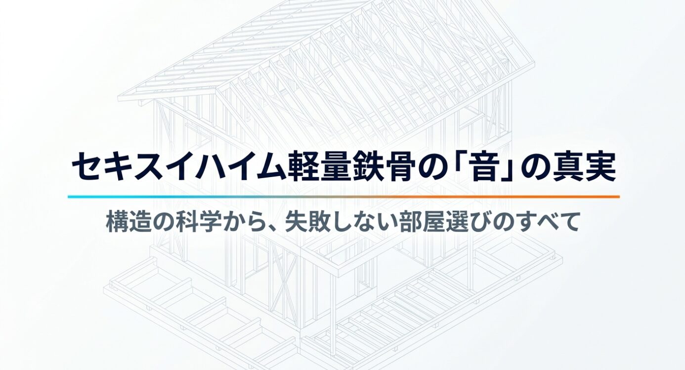セキスイハイム軽量鉄骨の「音」の真実を解説するタイトルスライド画像。「軽量鉄骨は足音が響く？」「重量鉄骨なら絶対安心？」といった読者のよくある疑問に対し、「構造名だけで『静かさ』は決まらない」という重要な結論を提示しています。建物の構造スペックだけでなく、部屋の位置や周辺環境など、実際の音の感じ方を左右する要素を科学的に紐解く導入部分です。