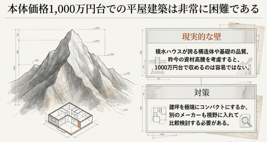 画像タイトル: 1000万円台での平屋建築の現実
代替テキスト: 1000万円台での平屋建築が困難である理由と、建坪縮小や他メーカー検討などの対策を示す図