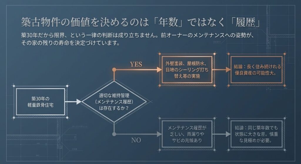 画像タイトル: 築古物件の価値とメンテナンス履歴
代替テキスト: 築30年の軽量鉄骨住宅において、適切な維持管理やメンテナンス履歴の有無がその後の寿命と価値を決定づけることを示すフローチャート