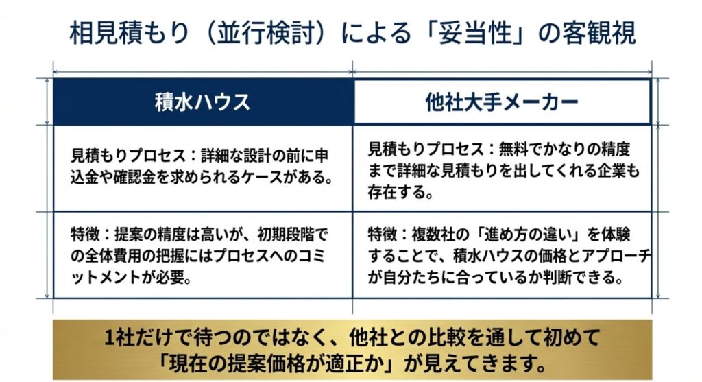 画像タイトル: 大手メーカーの見積もり比較
代替テキスト: 積水ハウスと他社大手メーカーの見積もりプロセスや特徴を比較した表。他社との比較を通して価格の妥当性を判断することを推奨。