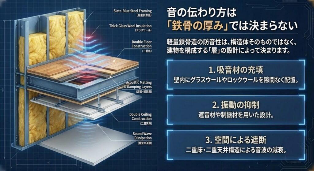 画像タイトル: 吸音材と二重構造による防音設計
代替テキスト: グラスウールなどの吸音材の充填や、二重床・二重天井構造によって音波を減衰させる多層的な防音・遮音の仕組み