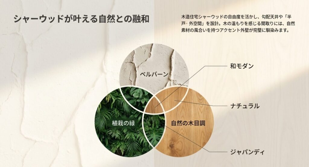 画像タイトル: シャーウッドと自然素材の融和
代替テキスト: シャーウッドの木造住宅が叶える自然との融和を、和モダン、ナチュラル、ジャパンディの3つのテイストと素材で表した図