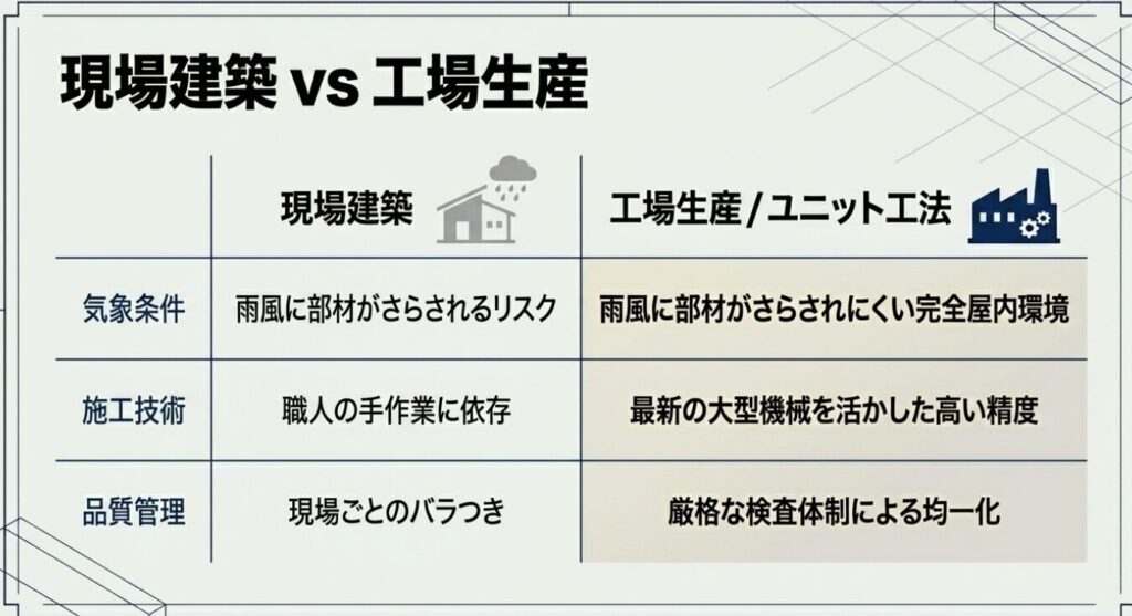 画像タイトル: 現場建築と工場生産の比較
代替テキスト: 現場建築と工場生産における気象条件、施工技術、品質管理の違いをまとめた比較表