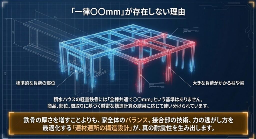 画像タイトル: 適材適所の構造設計
代替テキスト: 一律の鉄骨の厚さが存在しない理由と、大きな負荷がかかる柱や梁に対して適材適所の構造設計が行われていることを示す図解