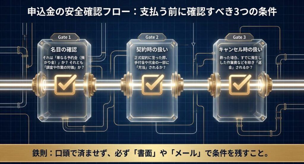 画像タイトル: 申込金の安全確認フロー
代替テキスト: 申込金を支払う前に確認すべき「名目の確認」「契約時の扱い」「キャンセル時の扱い」の3つのゲートを示したチェックリスト図。