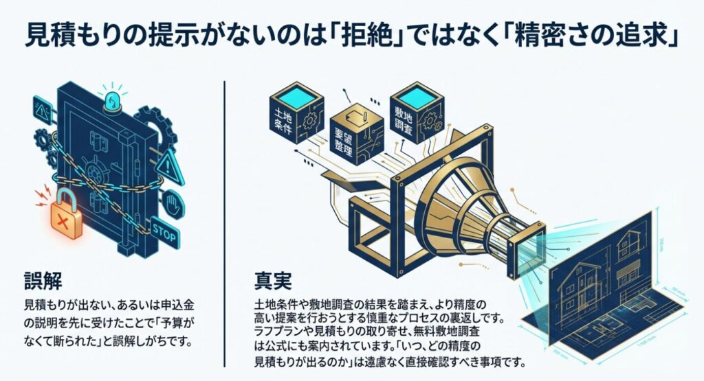 画像タイトル: 見積もり提示がない真の理由
代替テキスト: 見積もりが出ないのは拒絶ではなく、土地条件や調査結果を踏まえた精密な提案を行おうとする慎重なプロセスであることを示す図解。 [cite: 106, 116, 117, 118]