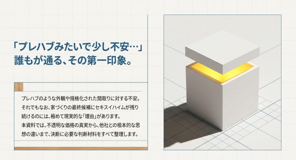 画像タイトル: プレハブみたいな外観への不安
代替テキスト: プレハブのような外観への不安と、それでも家づくりの最終候補に残り続ける現実的な理由