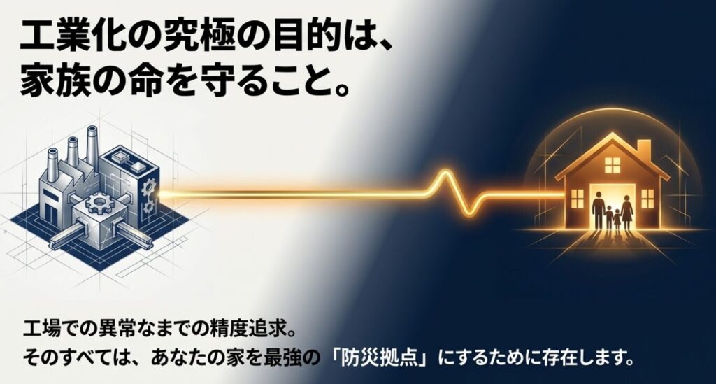 画像タイトル: プレハブ工法はローコストではない
代替テキスト: プレハブ工法＝ローコストという先入観を否定し、最高精度の品質管理であることをアピールするスライド