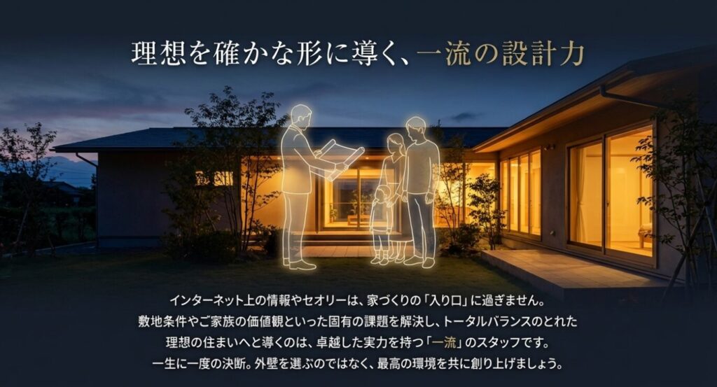 画像タイトル: 理想を導く一流の設計力
代替テキスト: インターネットの情報だけでなく、固有の課題を解決してトータルバランスのとれた理想の住まいへと導く一流スタッフとの対話の重要性