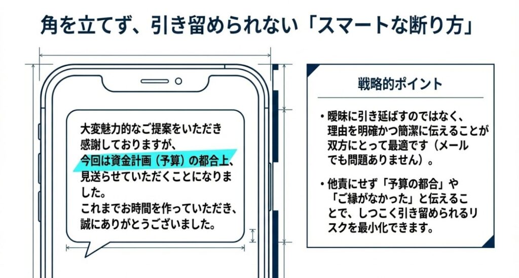 画像タイトル: スマートなお断りメールの例文
代替テキスト: 予算の都合を理由にする、角を立てないスマートな断り方の例文と、理由を簡潔に伝えるなどの戦略的ポイントをまとめたスライド。
