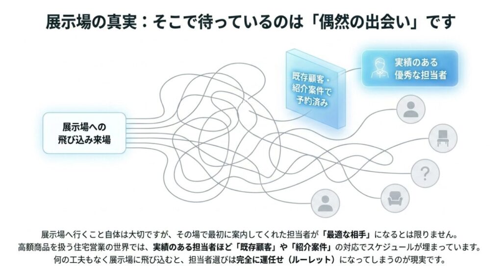 画像タイトル: 展示場での担当者割り振り
代替テキスト: 展示場への飛び込み来場は担当者がランダムになり、紹介案件は優秀な担当者がつくことを示す図