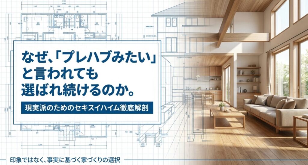 画像タイトル: 現実派のための徹底解剖
代替テキスト: なぜプレハブみたいと言われても選ばれ続けるのか、現実派のための徹底解剖と書かれたタイトルスライド