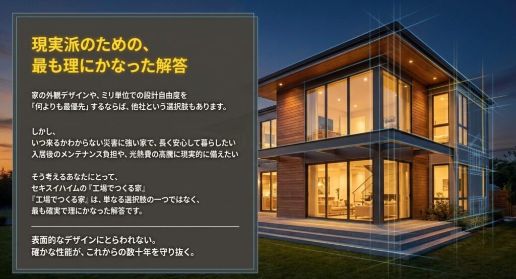 画像タイトル: 現実派のための理にかなった解答
代替テキスト: 表面的なデザインにとらわれず、確かな性能で長く安心して暮らすための現実的で理にかなった解答