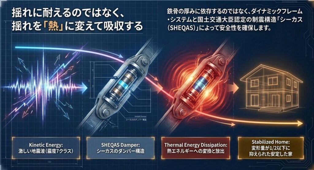 画像タイトル: 地震エネルギーを熱に変換するダンパー構造
代替テキスト: 激しい地震波の運動エネルギーを熱エネルギーに変換して放出し、建物の変形量を抑える制震ダンパーの仕組み
