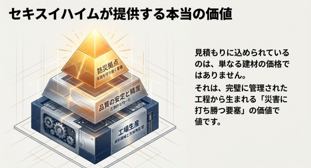 画像タイトル: 見積もりに込められた価値
代替テキスト: 工場生産による品質の安定を経て、家族を守り抜く防災拠点の要塞となる価値構造を示すピラミッド図