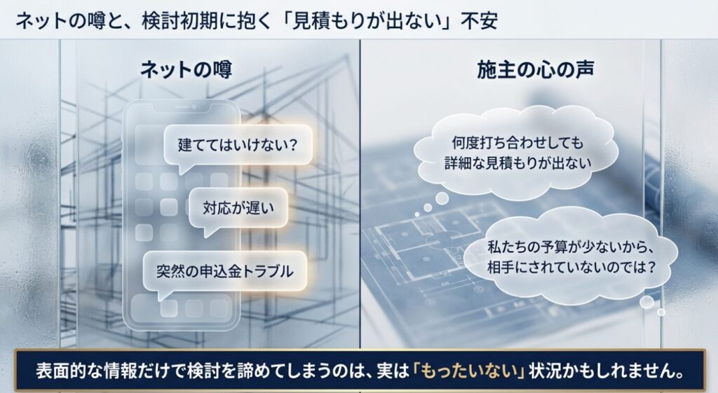 画像タイトル: ネットの噂と施主の不安
代替テキスト: スマートフォンに表示された「対応が遅い」などのネットの噂と、「見積もりが出ない」と悩む施主の心の声を対比させたイラスト。