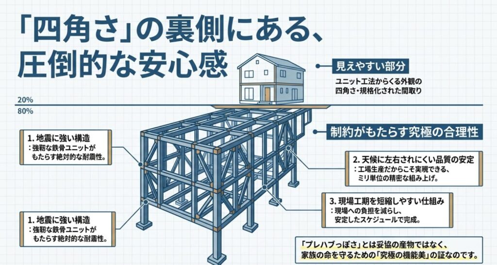 画像タイトル: 四角さの裏にある安心感
代替テキスト: 外観の四角さという見えやすい部分は20%であり、その裏には80%の地震への強さや品質の安定などの安心感があるという図解