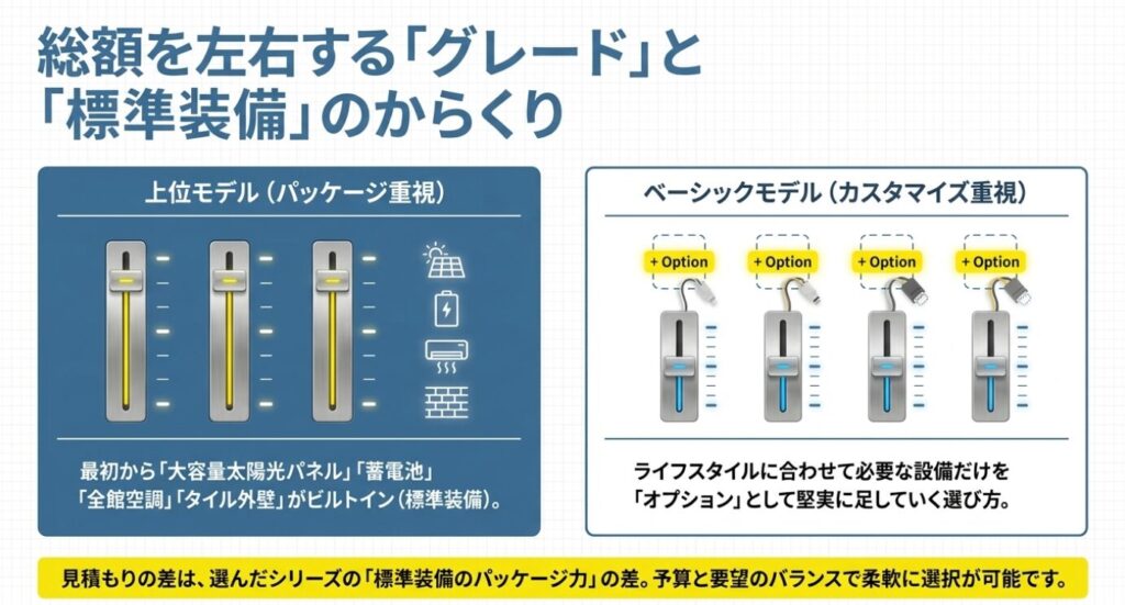 画像タイトル: グレードと標準装備の違い
代替テキスト: パッケージ重視の上位モデルとカスタマイズ重視のベーシックモデルにおける標準装備とオプションの比較