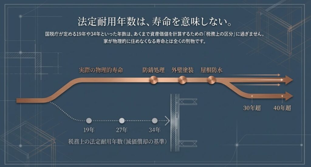 画像タイトル: 法定耐用年数と実際の寿命の違い
代替テキスト: 税務上の区分である法定耐用年数と、適切なメンテナンスによって延びる実際の物理的寿命の違いを解説したグラフ