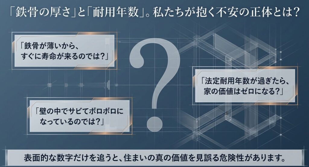 画像タイトル: 鉄骨の厚さと耐用年数への不安
代替テキスト: 鉄骨が薄いことによる寿命やサビへの不安、法定耐用年数経過後の家の価値に対する疑問をまとめた図