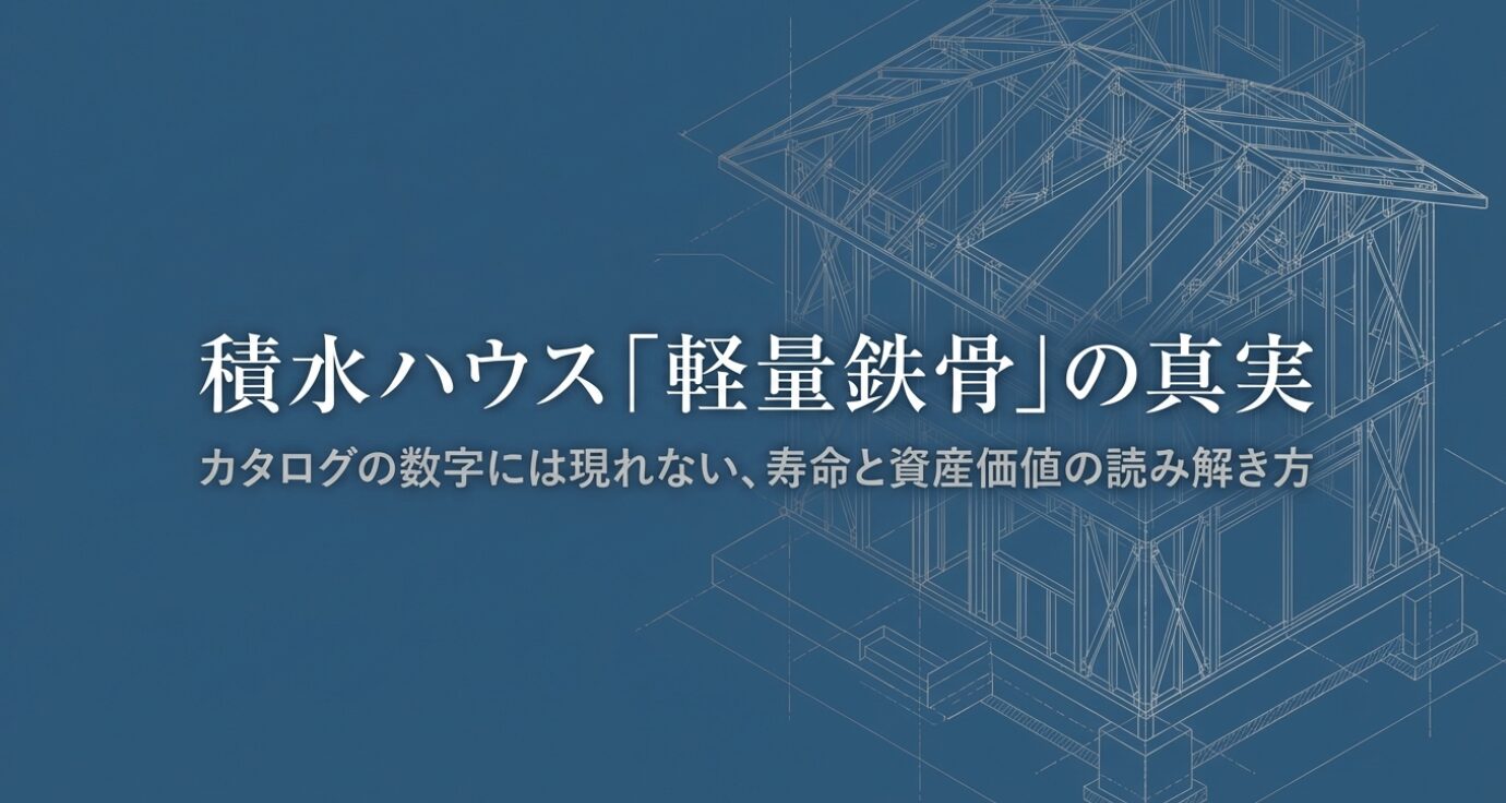 「積水ハウス『軽量鉄骨』の真実」と大きく記載されたタイトルスライドの画像。続けて「カタログの数字には現れない、寿命と資産価値の読み解き方」というテキストが配置されており、単なる厚さの数値だけでは測れない、住宅の長期的な価値について解説する記事後半のテーマを提示しています。