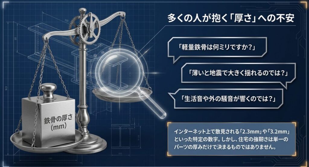 画像タイトル: 軽量鉄骨の厚さに対する不安
代替テキスト: 軽量鉄骨は何ミリか、薄いと地震で揺れたり生活音が響くのではないかという、多くの人が抱く不安をまとめた図