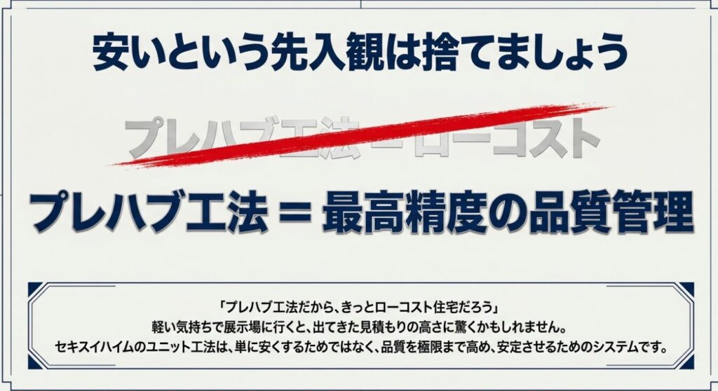画像タイトル: 規格化された強靭な構造
代替テキスト: プレハブっぽさは完璧さの証明であるというメッセージと、強靭な鉄骨ボックス構造のイラスト