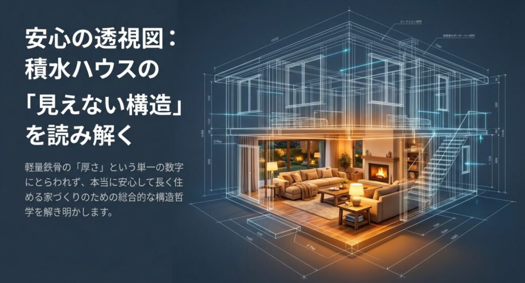 画像タイトル: 見えない構造と総合的な構造哲学
代替テキスト: 軽量鉄骨の厚さという数字にとらわれず、安心して長く住める家づくりのための総合的な構造哲学を示す図解