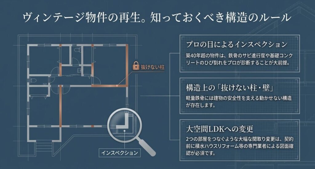 画像タイトル: 構造上の抜けない柱とインスペクション
代替テキスト: 築古物件の大幅な間取り変更において、構造上動かせない柱や壁の存在と、事前のプロによるインスペクションの重要性を示す図解