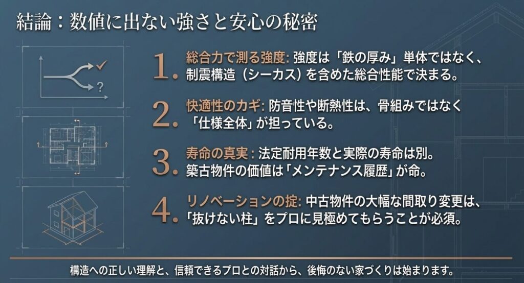 画像タイトル: 数値に出ない強さと安心の総括
代替テキスト: 総合力で測る強度、快適性のカギ、寿命の真実、リノベーションの掟の4つのポイントをまとめた結論スライド