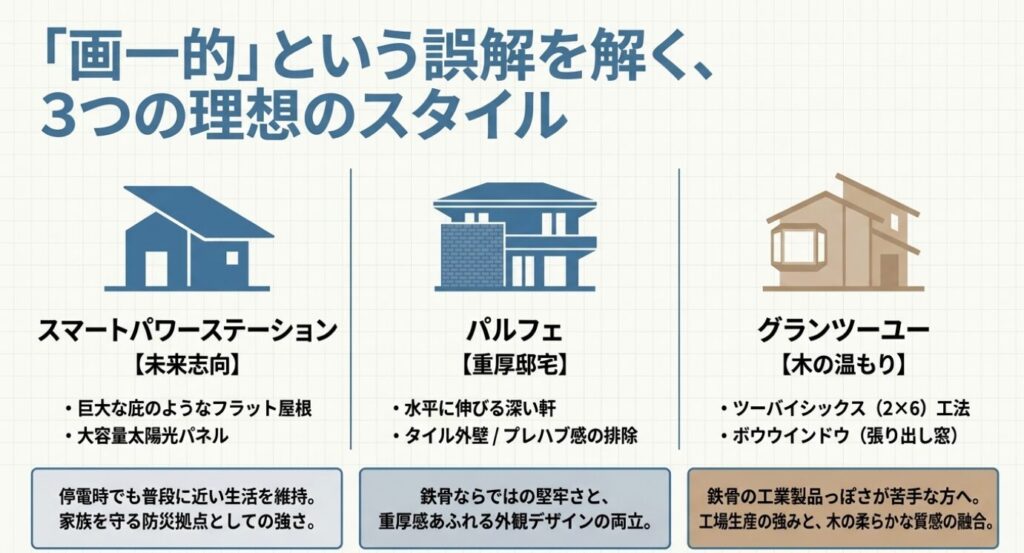 画像タイトル: 3つの理想のスタイル
代替テキスト: スマートパワーステーション、パルフェ、グランツーユーの3つの外観スタイルとそれぞれの特徴