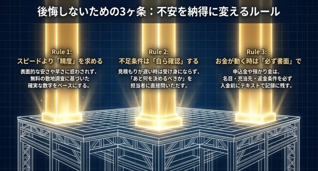 画像タイトル: 後悔しないための3ヶ条
代替テキスト: スピードより精度を求める、不足条件は自ら確認する、お金が動く時は必ず書面で残す、という後悔しないための3つのルールのまとめ。