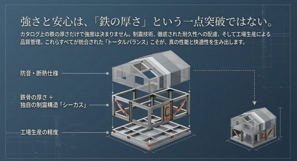 画像タイトル: 総合的なトータルバランスによる強度
代替テキスト: 鉄骨の厚さだけでなく、防音・断熱仕様、独自の制震構造、工場生産の精度を統合したトータルバランスが真の性能を生み出すことを示す図