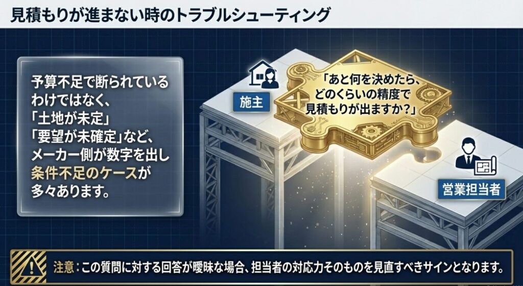 画像タイトル: 見積もりが進まない時の対処法
代替テキスト: 見積もりが進まない理由は予算不足ではなく条件不足であるケースが多いことを解説し、担当者に確認すべき質問を提示したスライド。