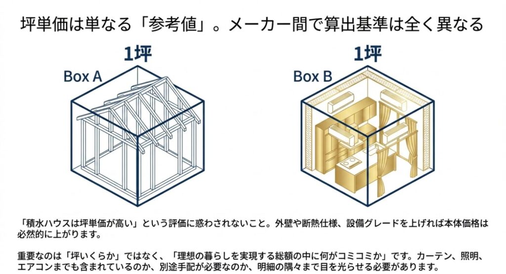 画像タイトル: 坪単価の算出基準の比較
代替テキスト: 中身が空の箱Aと設備が詰まった箱Bを例に、メーカーによって異なる坪単価の算出基準や総額に含まれる内容の注意点を説明したイラスト。