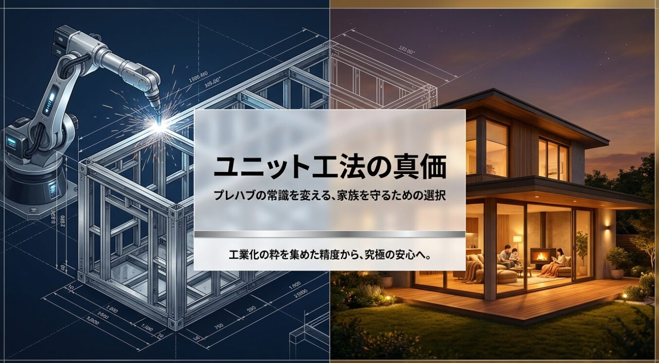 セキスイハイムの精密な住宅設計図と、木の温もりが感じられる完成したリビング空間が交差するビジュアル。「ユニット工法の真価」「プレハブの常識を変える、家族を守るための選択」「工業化の粋を集めた精度から、究極の安心へ。」というキャッチコピーが記載された、セキスイハイムの高度な工業化と品質の安定性を伝えるスライド画像。