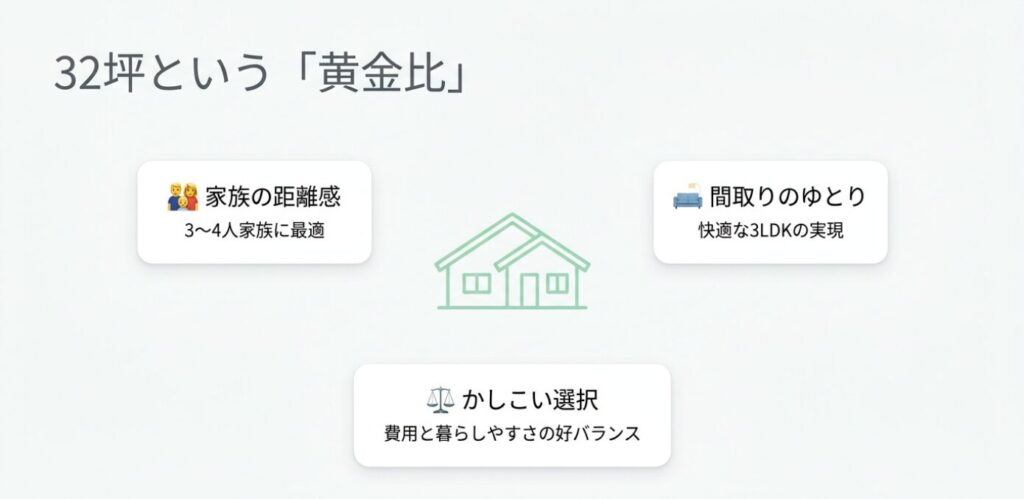 画像タイトル: 32坪平屋が費用と暮らしやすさを両立しやすい理由
代替テキスト: 32坪平屋は家族の距離感、間取りのゆとり、費用と暮らしやすさのバランスを取りやすいことを示したスライド