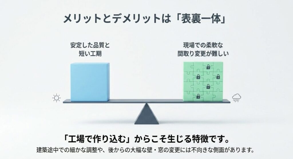 画像タイトル: ユニット工法のメリットとデメリットは表裏一体
代替テキスト: ユニット工法は安定した品質と短い工期が魅力である一方、現場での柔軟な間取り変更が難しいことを示した図
