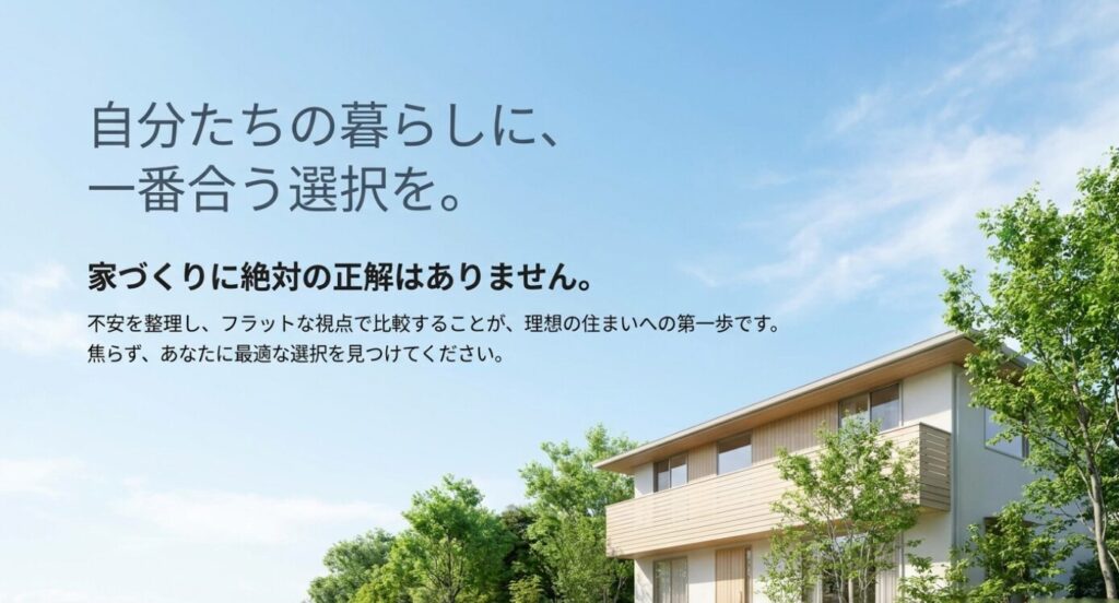 画像タイトル: 自分たちの暮らしに一番合う住宅会社を選ぶ
代替テキスト: 家づくりに絶対の正解はなく、不安を整理してフラットな視点で比較することが理想の住まい選びにつながることを示した締めのスライド