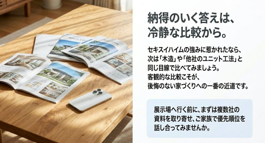 画像タイトル: 納得できる家づくりは冷静な比較から
代替テキスト: 展示場へ行く前に複数社の資料を取り寄せて木造や他社のユニット工法と比較する重要性を示したスライド