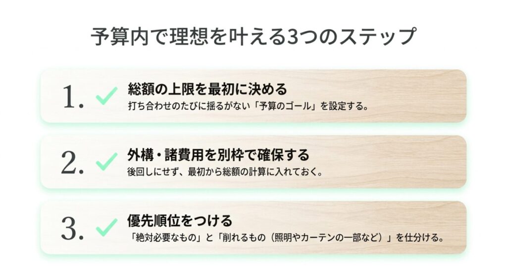画像タイトル: 予算内で理想の家を叶える3つのステップ
代替テキスト: 総額の上限を最初に決め、外構や諸費用を別枠で確認し、優先順位をつけることで予算内で理想を叶える方法を示したスライド
