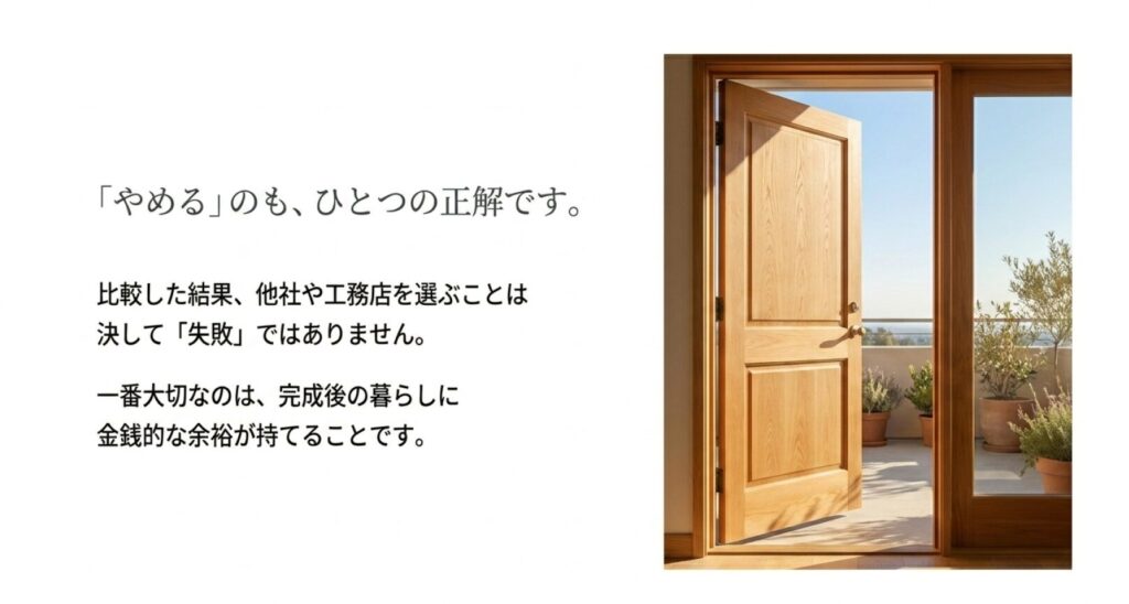画像タイトル: 住友林業をやめる判断も後悔しない選択のひとつ
代替テキスト: 他社や工務店を選ぶことは失敗ではなく、完成後の暮らしに金銭的な余裕を持てるかが大切であることを示したスライド