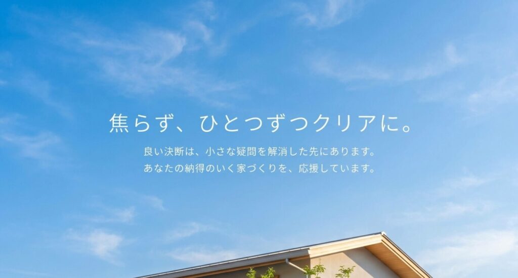 画像タイトル: 焦らず一つずつ疑問を解消する家づくり
代替テキスト: 青空と住宅の背景に、焦らず疑問を一つずつクリアにすることで納得のいく家づくりを進めるメッセージを示したスライド