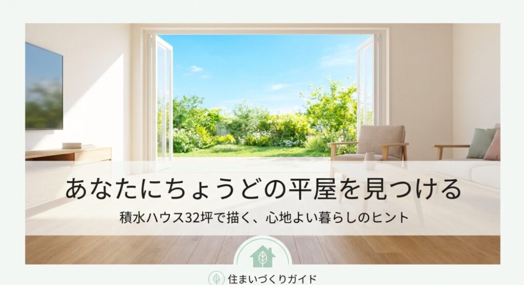 画像タイトル: あなたにちょうどいい32坪平屋の見つけ方
代替テキスト: 明るいリビングと庭を背景に、積水ハウス32坪で心地よい平屋を見つけるヒントを示したスライド