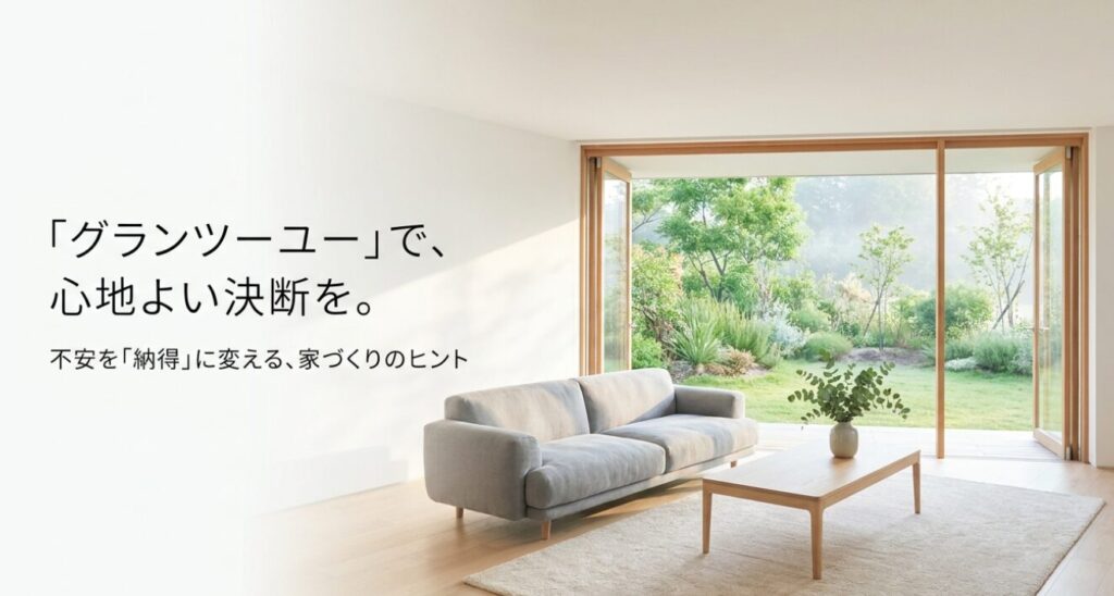 画像タイトル: グランツーユーで心地よい決断をするための家づくり
代替テキスト: 明るいリビングと庭を背景に、グランツーユーで不安を納得に変える家づくりのヒントを示したスライド