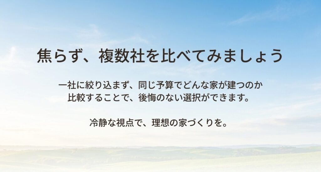 画像タイトル: 焦らず複数社を比較して後悔のない家づくりを進める
代替テキスト: 一社に絞り込まず、同じ予算でどんな家が建つかを複数社で比較して後悔のない選択を促すスライド