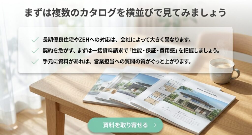 画像タイトル: 複数カタログで長期優良住宅を比較する
代替テキスト: 長期優良住宅やZEHへの対応は会社によって異なるため、複数のカタログを横並びで見て性能や保証、費用感を比較することを促すスライド