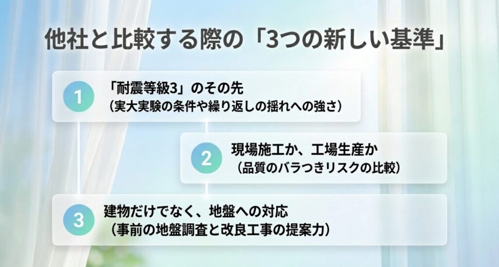 画像タイトル: ハウスメーカー比較で確認したい耐震性の3つの基準
代替テキスト: 耐震等級だけでなく実大実験、工場生産か現場施工か、地盤対応を見るべきと説明したスライド