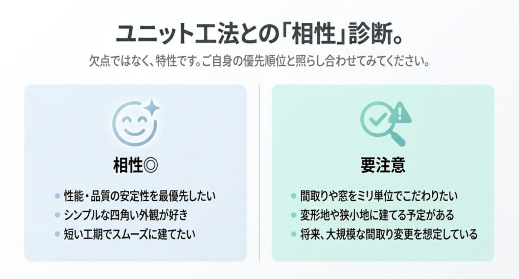画像タイトル: ユニット工法が向く人と注意したい人
代替テキスト: 性能や品質の安定を重視する人には相性がよく、間取りや窓を細かくこだわる人は注意が必要であることを整理した診断スライド